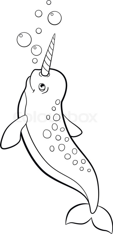 387x800 Coloring Pages. Little Cute Narwhal Swims And Smiles. Stock