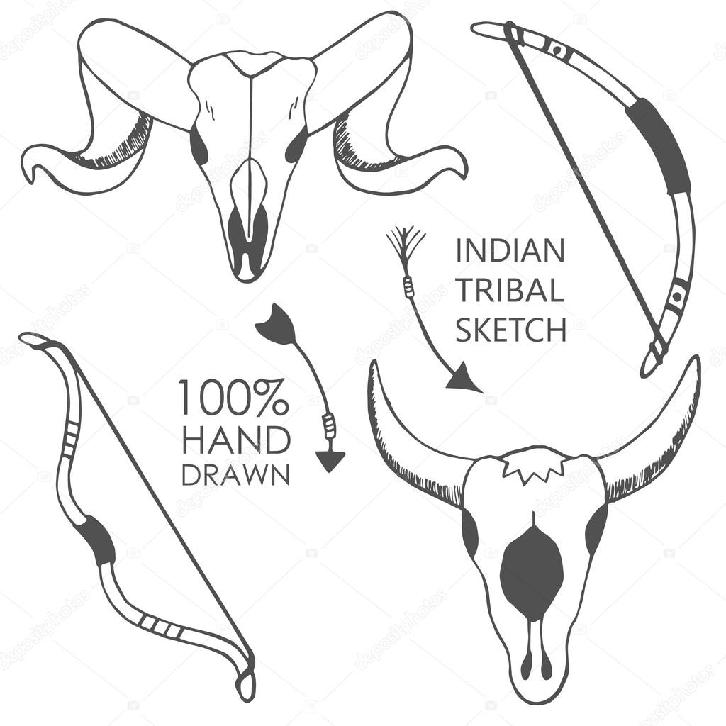 1024x1024 Hand Drawn With Ink Sketch Illustration With Bow, Bull Skulls