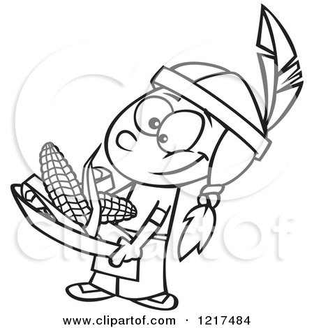 450x470 Clipart Of An Outlined Cartoon Native American Boy Holding Corn