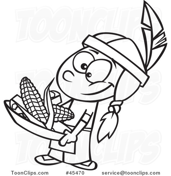 581x600 Outlined Cartoon Native American Boy Holding Corn