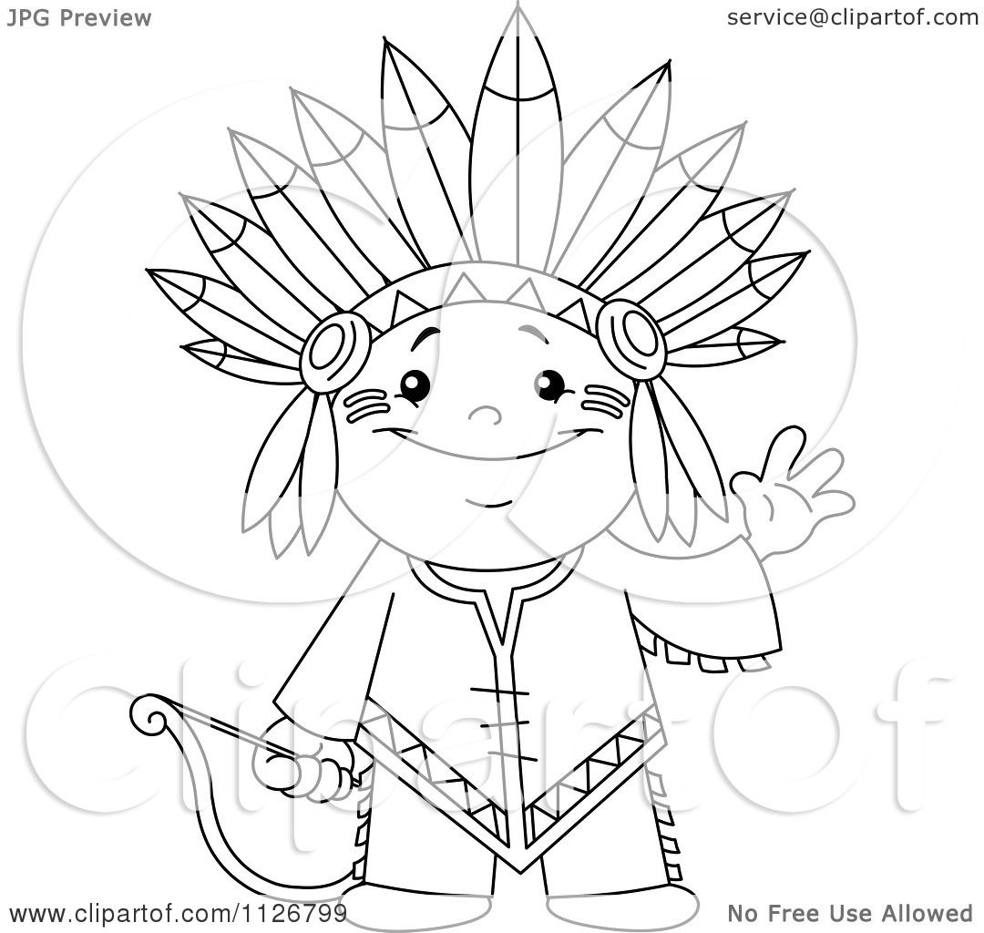 1080x1024 Cartoon Of A Outlined Cute Native American Indian Archer Boy
