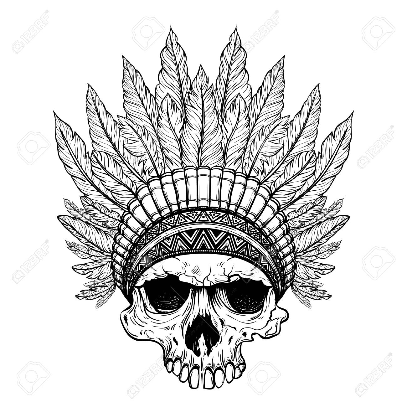 1300x1300 Hand Drawn Native American Indian Headdress With Human Skull