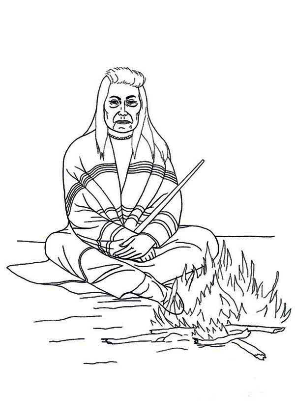 600x847 Native American Chief Sitting In Front Of Fire On Native American