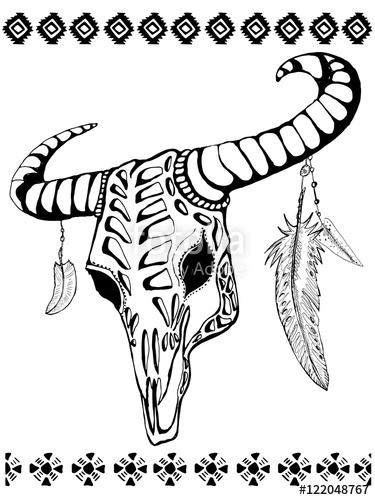 375x500 Buffalo Skull With Feathers And Tribal Decorative Elements Hand
