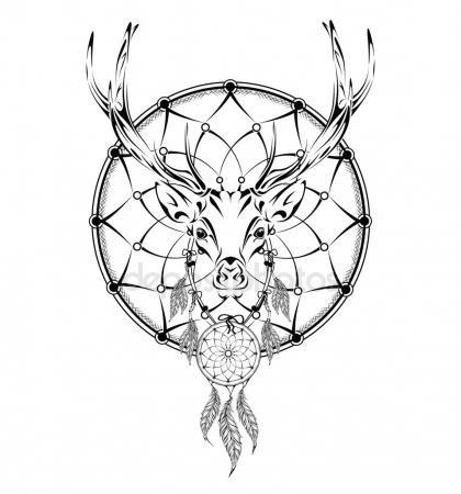 420x450 Deer Indian Warrior, Animal Hand Drawn Illustration, Native