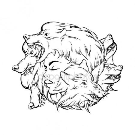 450x450 Native American Girl With Wolf Headdress Full Color Stock Vector