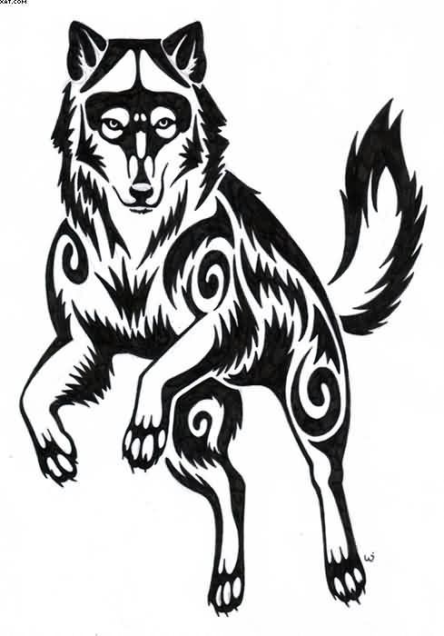 489x700 Nice Designed And Painted Big Black And White Wolf Tattoo
