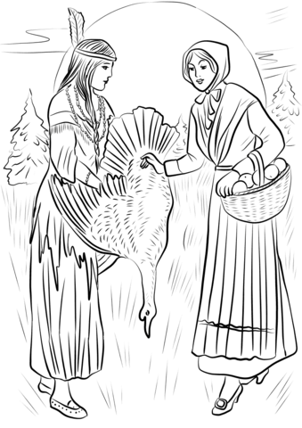 339x480 Native American Woman Sharing Turkey With Pilgrim Woman Coloring