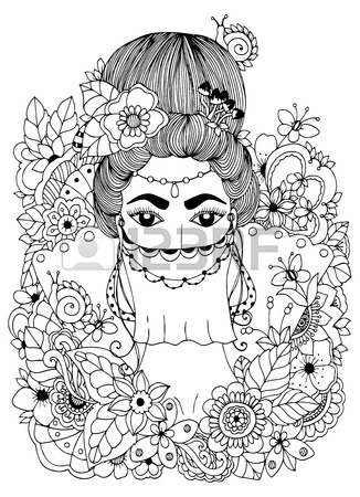 326x450 Vector Illustration , Native American Girl In Round Frame. Doodle