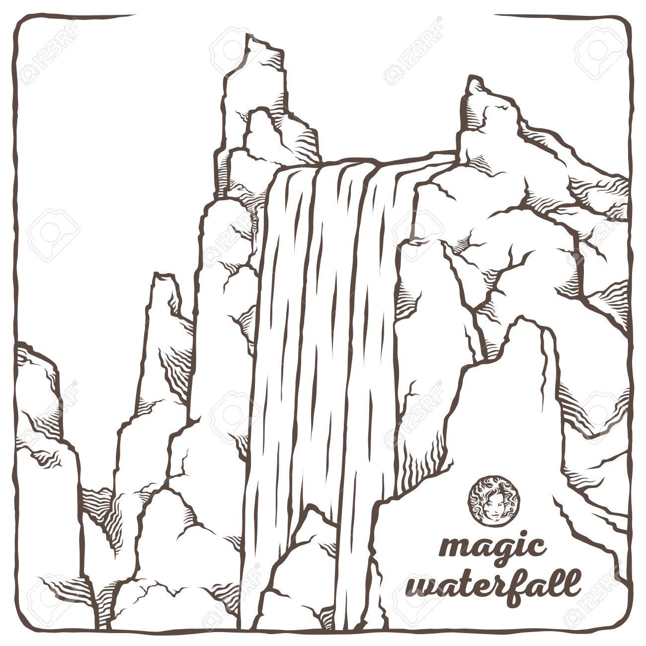 1300x1300 Vector Isolated Image Of The Contour Of The Waterfall. Mountain