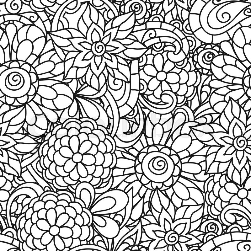 800x800 Seamless Nature Pattern With Line Flowers For Adult Coloring Page