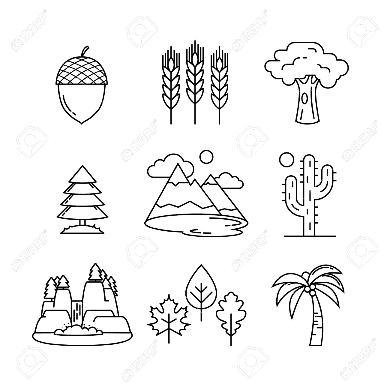 1300x1300 Nature And Forest Thin Line Art Icons Set. Modern Black Symbols