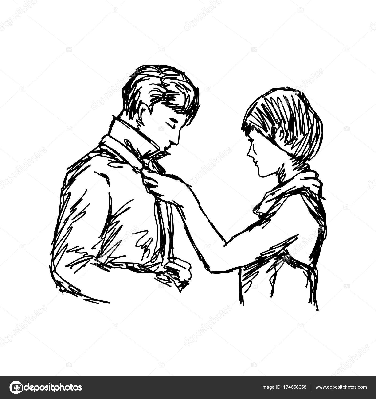1600x1700 Wife Tying Necktie Of Her Husband Vector Illustration Sketch Hand