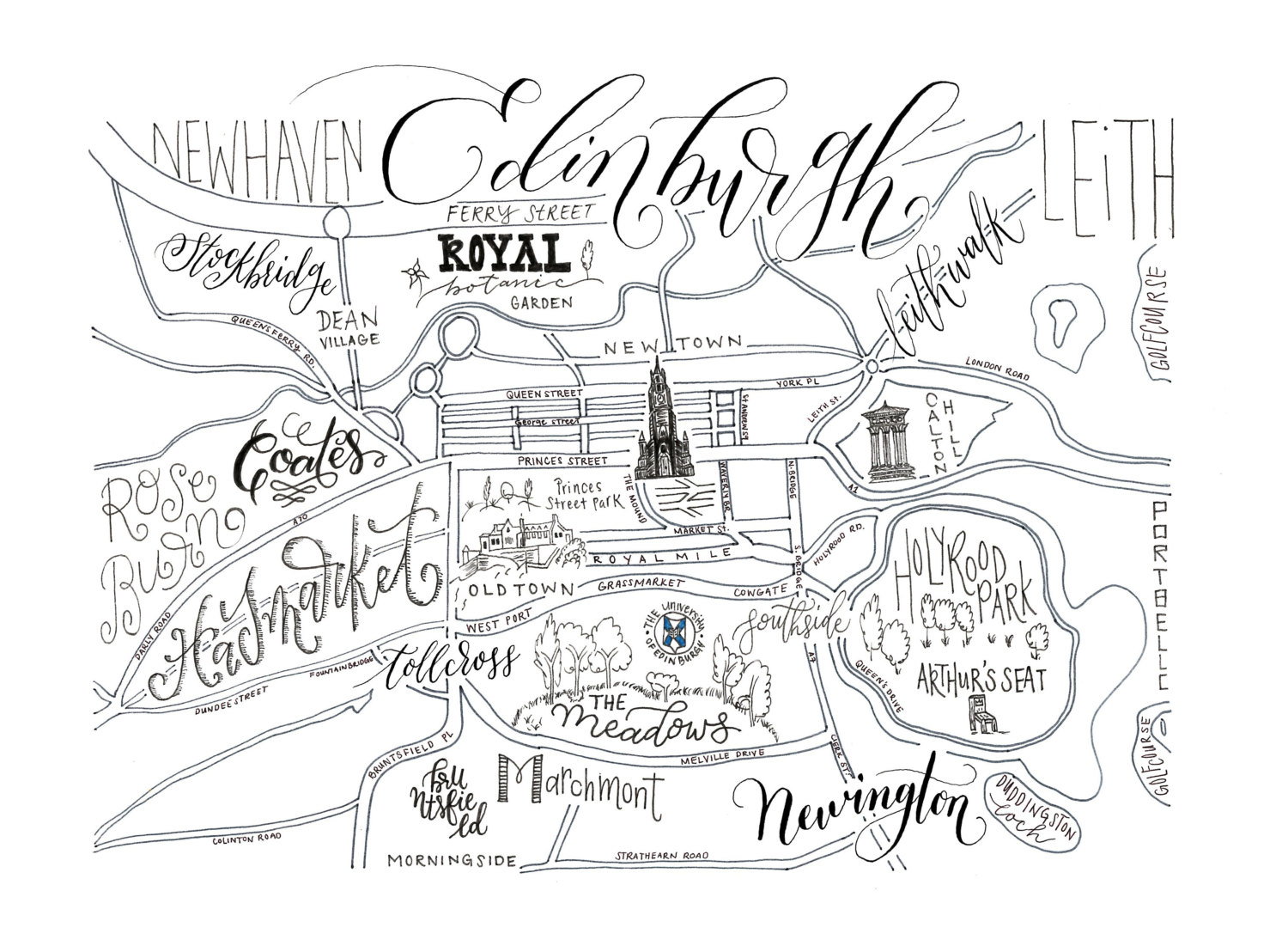 1500x1101 Edinburgh Neighborhood Map 9x11 Print By Travelcalligrapher