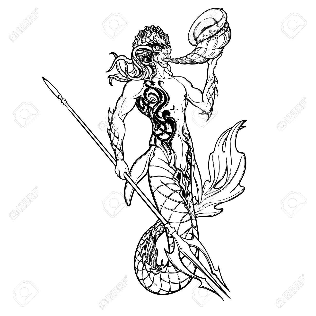1300x1300 Merman Or Triton Mythological Ocean Creature Armed With Trident