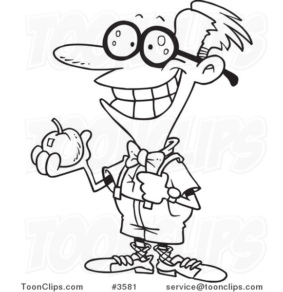 581x600 Cartoon Black And White Line Drawing Of A Nerdy School Boy Holding