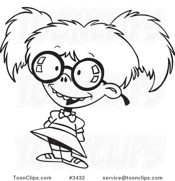 581x600 Cartoon Black And White Line Drawing Of A Nerdy Girl