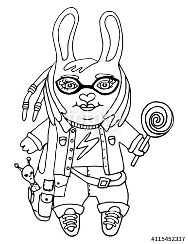 387x500 Outline Drawing A Cute Rabbit Girl Nerd In Glasses With Toy