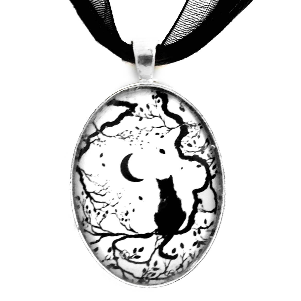 1170x1170 Black Cat And New Moon Silhouette Oval Pendant Zenbreeze Art Gallery