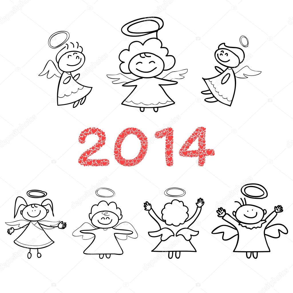 1024x1024 Hand Drawings Cartoon Angel New Year Celebration Stock Vector