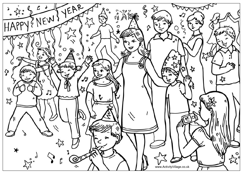 1001x713 New Year Party Colouring Page For Kids