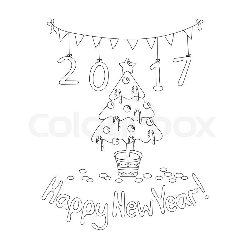 800x800 Coloring Book Page. Happy New Year Greeting Card With Spruce