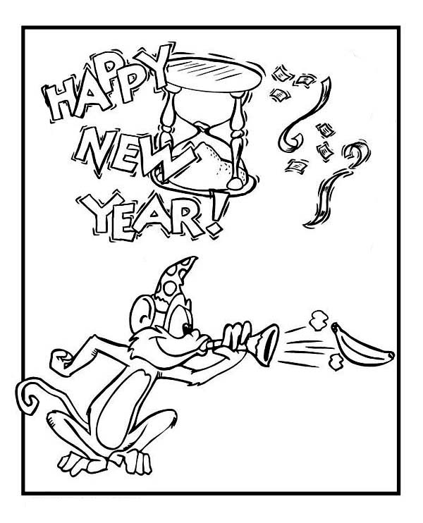 600x742 Cute Monkey On New Years Eve Celebration On 2015 New Year Coloring