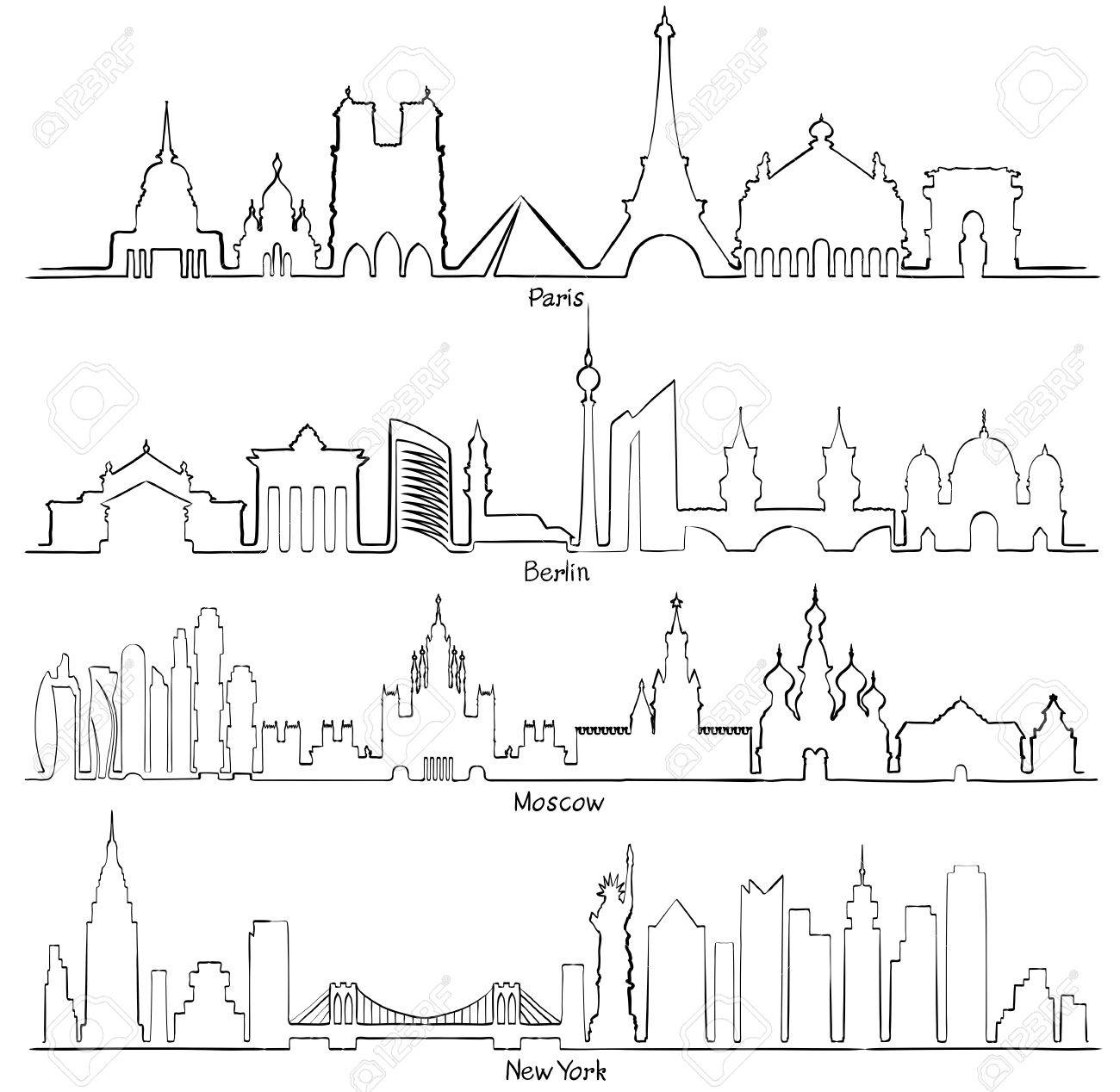 1300x1268 Set Of Vector Cities Silhouette (Paris, Berlin, Moscow And New