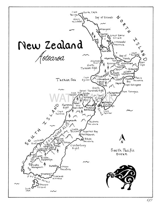 570x725 New Zealand Hand Drawn Map