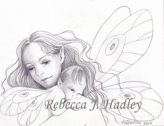570x437 Mother And Daughter Fairy Original Pencil Drawing Newborn Baby