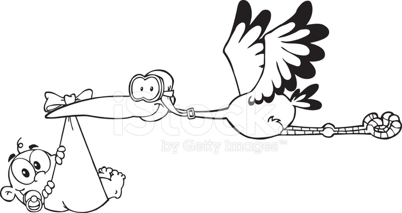 800x425 Black And White Stork Delivering A Newborn Baby Boy Stock Vector