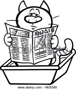 300x353 Cartoon Illustration Of Cat Reading A Newspaper In His Litter Box