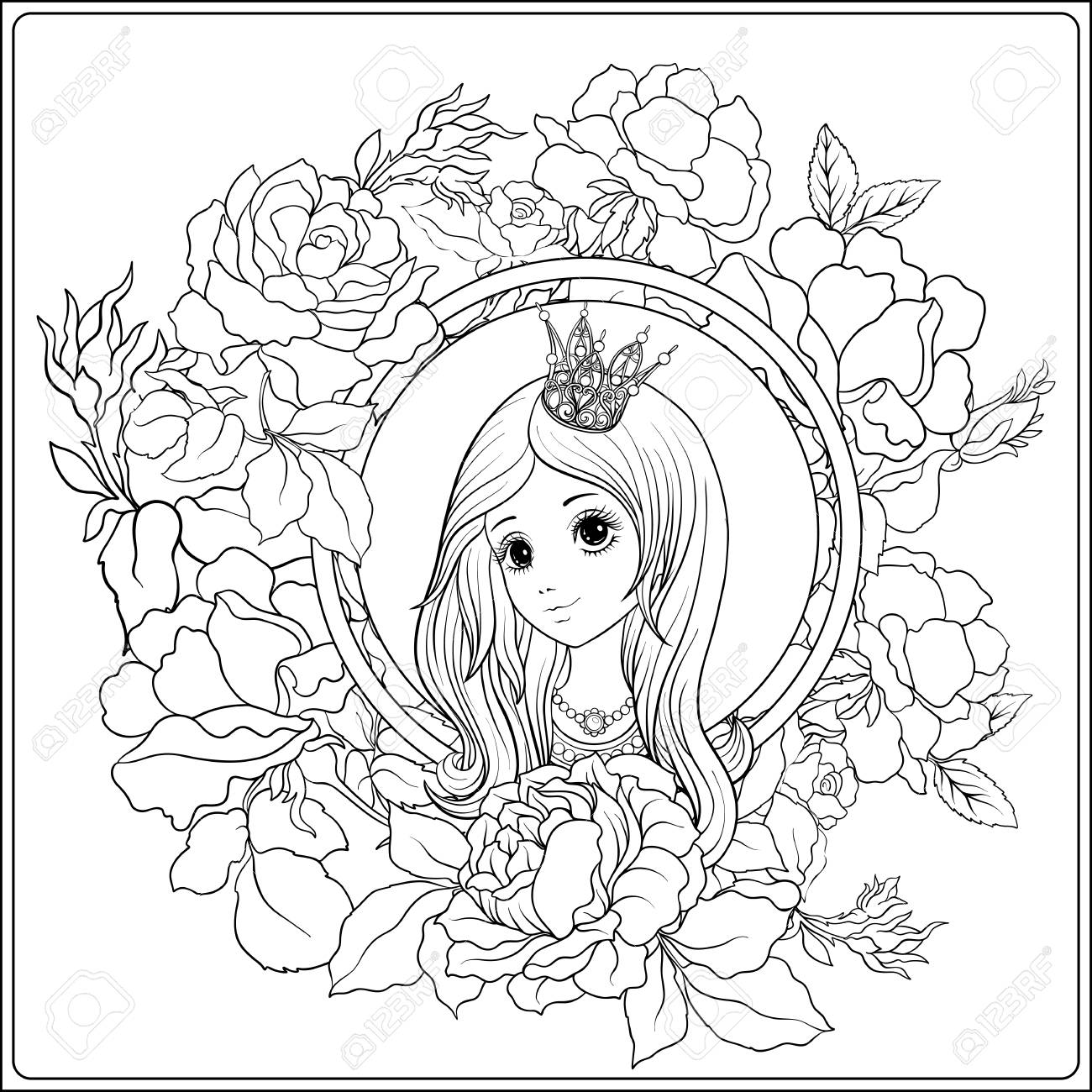 1300x1300 Young Nice Girl In Princess Crown In The Garden Of Roses. Outline