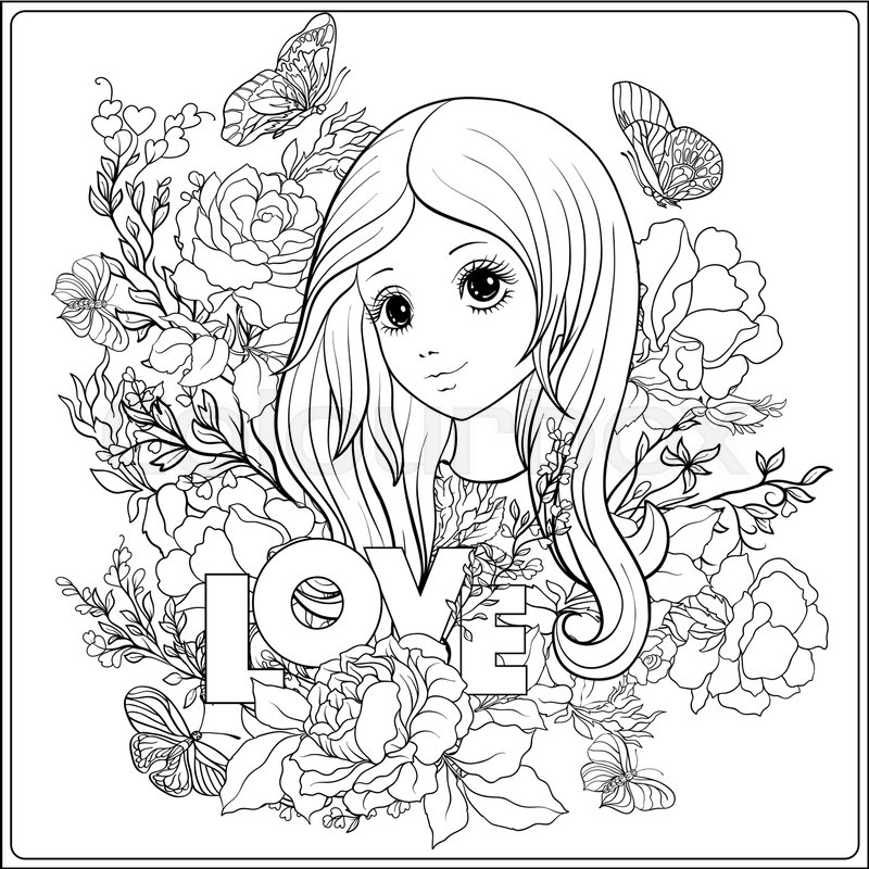 800x800 Young Nice Girl With Long Hear In The Garden Of Roses. Outline