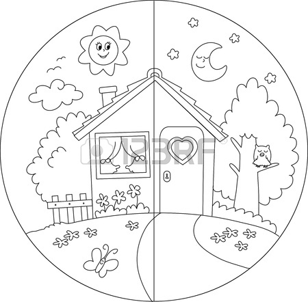 450x442 Night And Day View Of A Cartoon Country House Coloring Vector