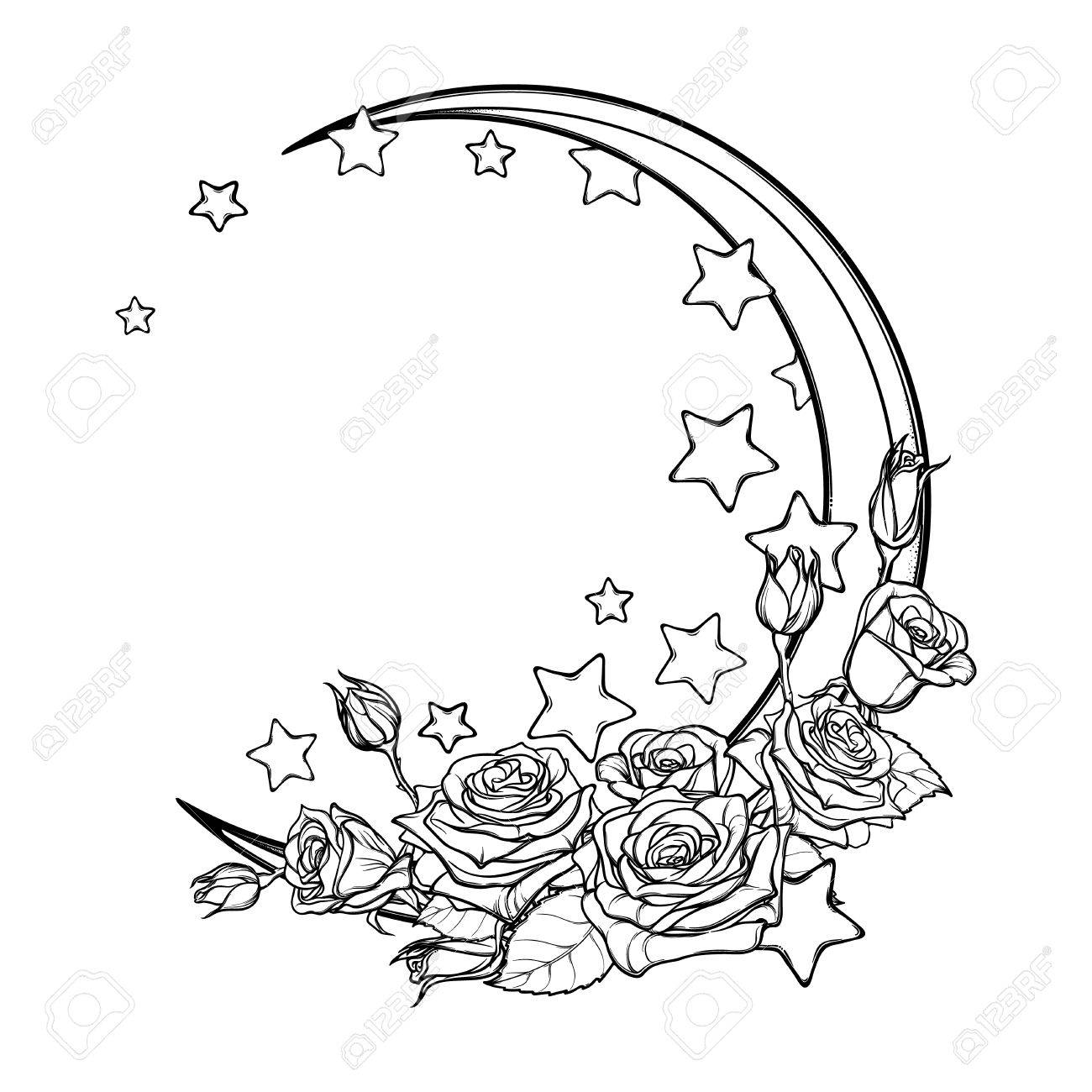 1300x1300 Kawaii Night Sky Composition With Roses Bouquet, Stars And Moon