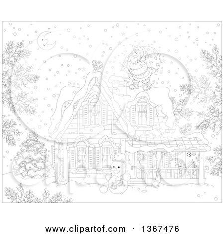 450x470 Clipart Of A Black And White Christmas Eve Scene Of Santa Claus