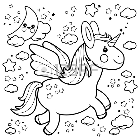 450x450 Cute Unicorn Flying In The Night Sky. Black And White Coloring