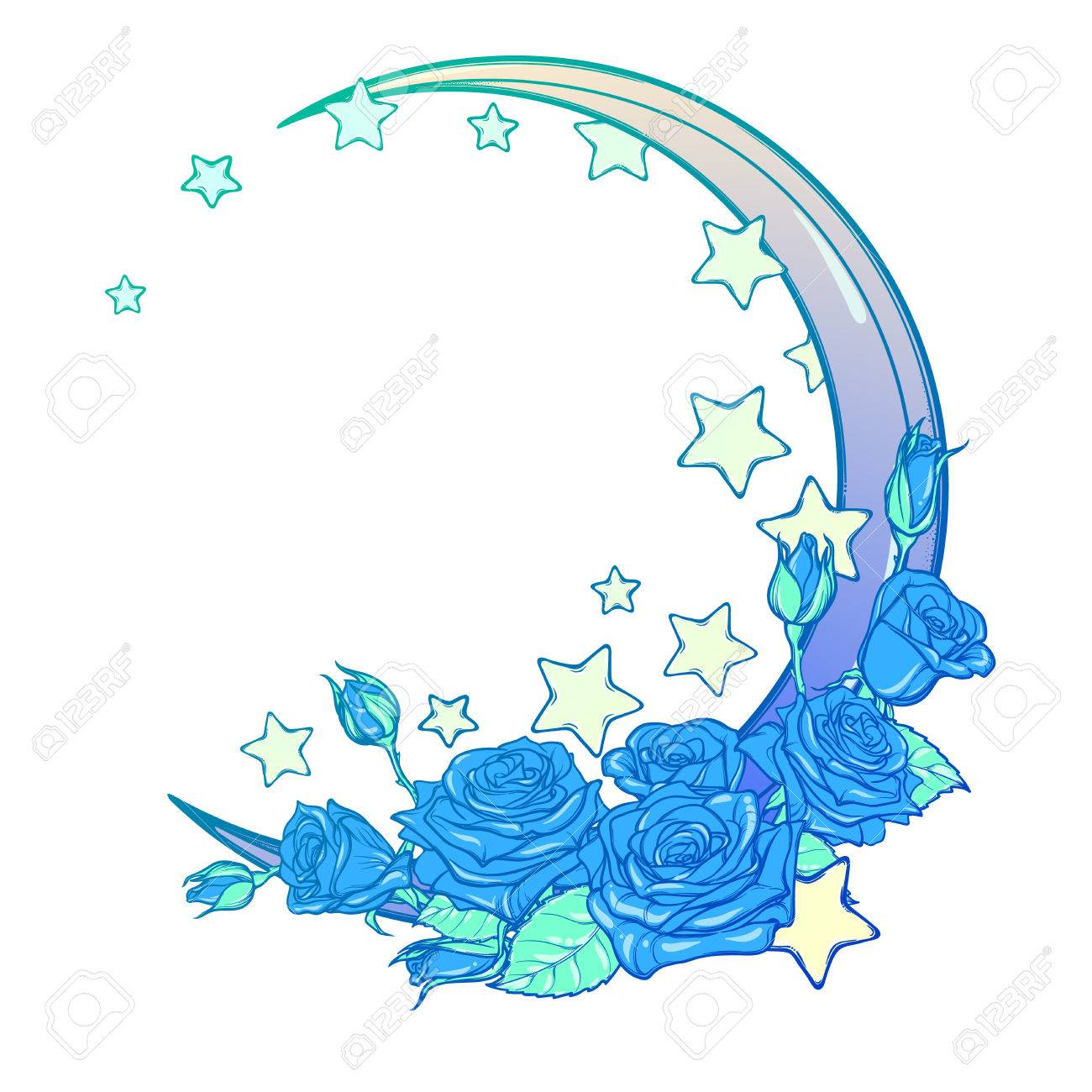1300x1300 Kawaii Night Sky Composition With Roses, Stars And Moon Crescent