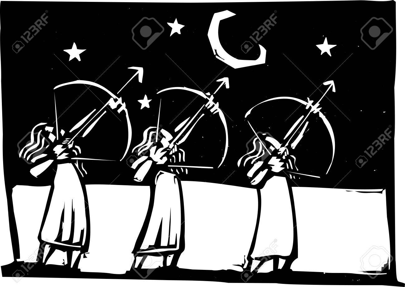 1300x920 Three Man With Bows Shooting Arrows Into The Night Sky. Royalty