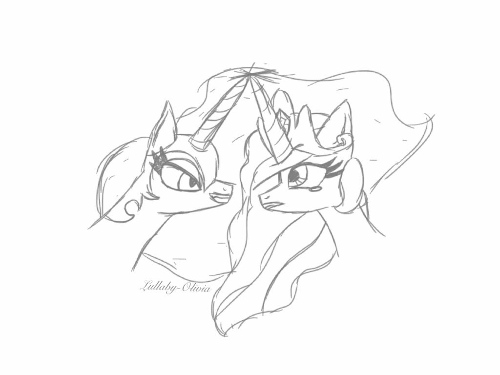 1024x768 Nightmare Moon + Celestia Sketch By Lullaby Olivia