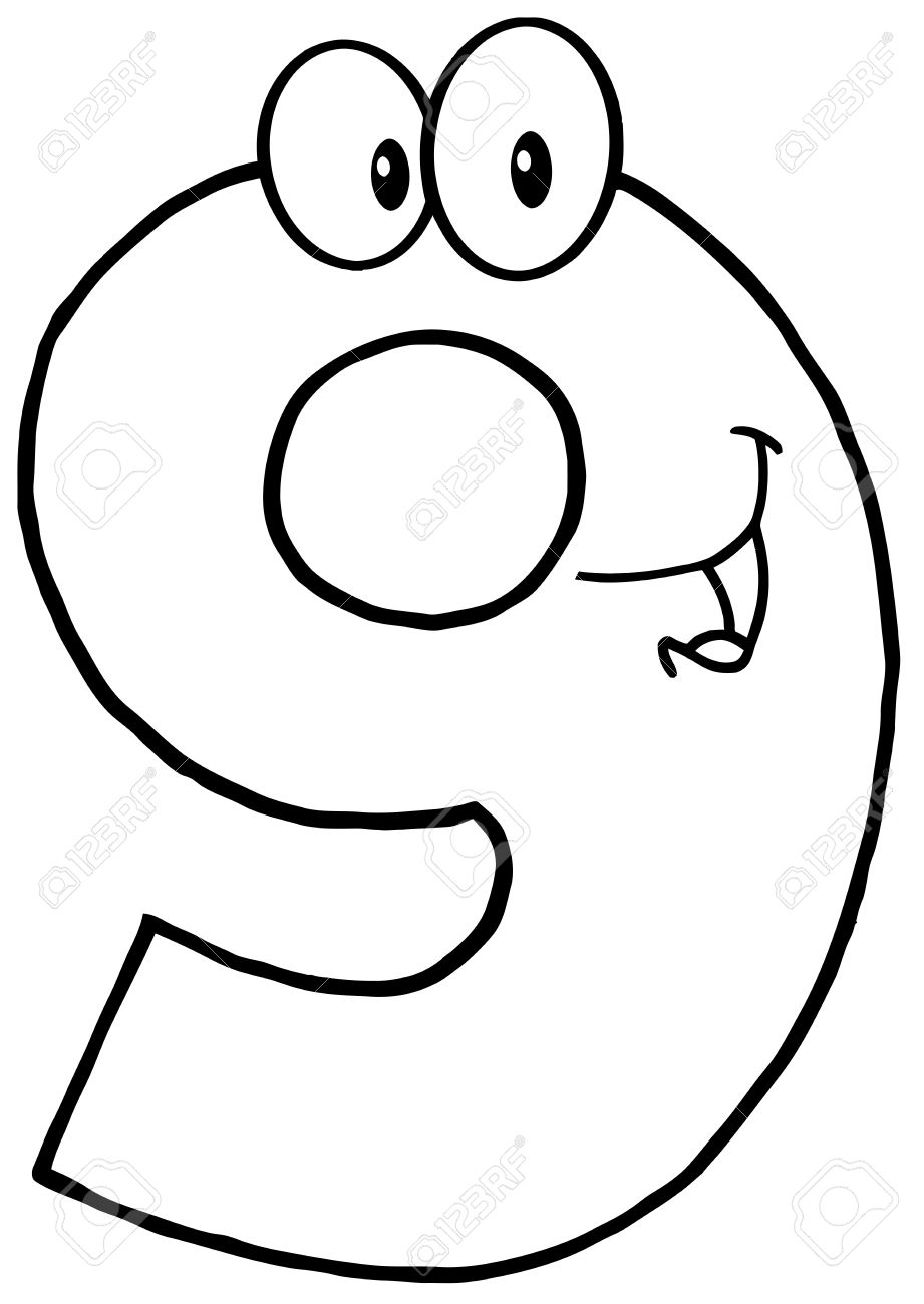 921x1300 Outlined Number Nine Cartoon Mascot Character Royalty Free