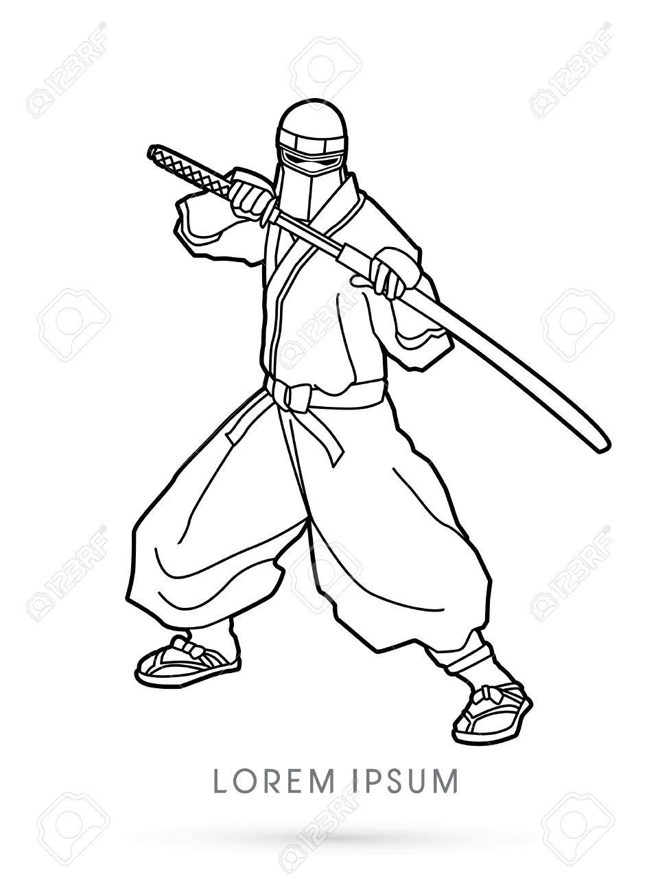 975x1300 Outline Ninja And Sword Graphic Vector. Royalty Free Cliparts