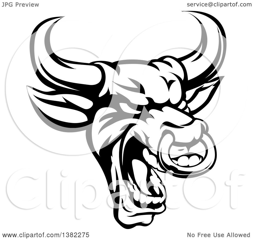 1080x1024 Clipart Of A Black And White Roaring Bull Mascot Head With A Nose