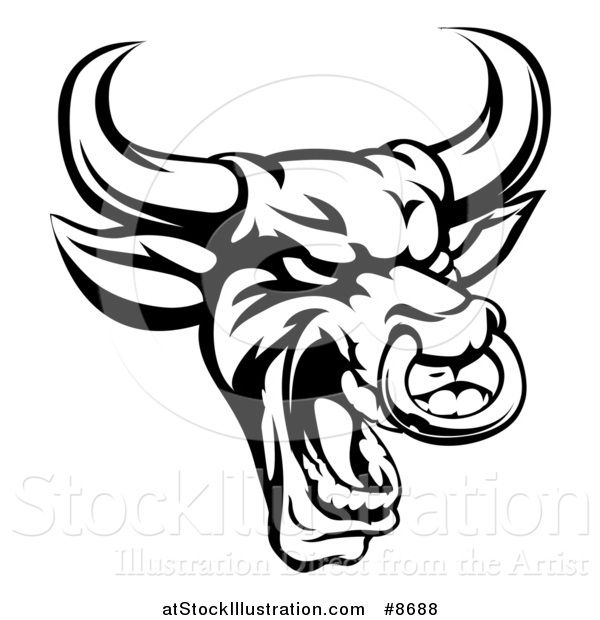 600x620 Vector Illustration Of A Black And White Roaring Bull Mascot Head
