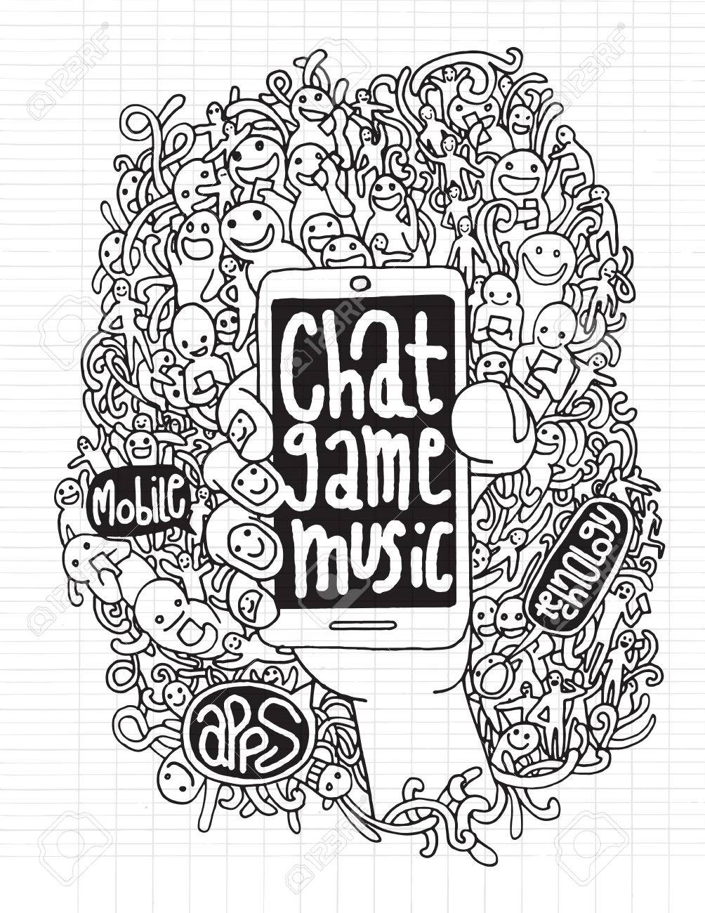 1004x1300 Hand Drawn Hand Holding Smartphone And Many People Use It ,drawing