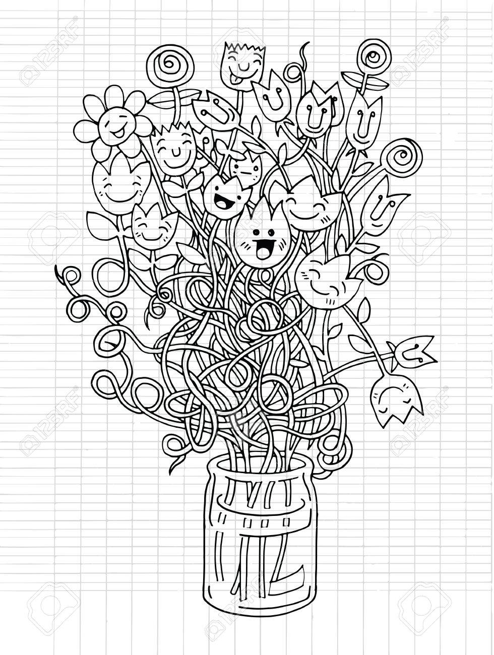 980x1300 Hipster Hand Drawn Flowers In Vase, Doodle Set,drawing Style