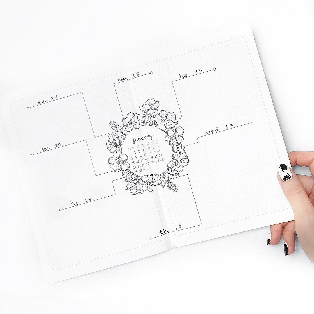 1080x1080 Bullet Journal Weekly Layout, Open Dailies, Flower Drawing, Flower