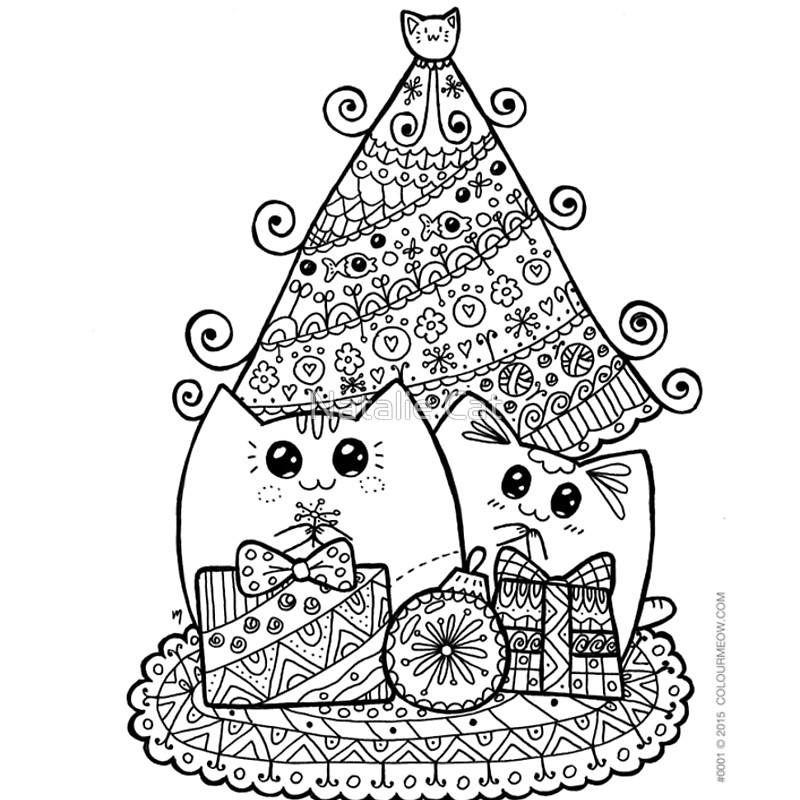 800x800 Christmas Cats With Gifts. Kawaii Cat Colouring Drawing. Spiral