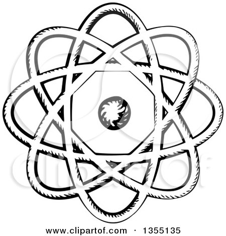 450x470 Clipart Of A Black And White Sketched Atom With Nucleus And Orbits